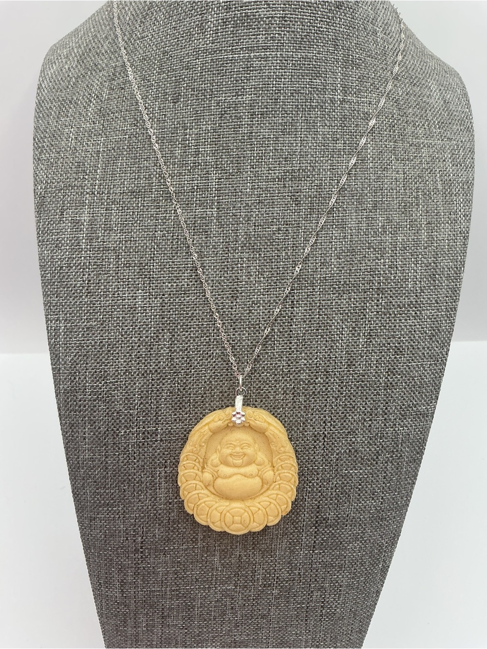 Vintage Carved  Buddha Pendant Necklace - New Sterling 925 Chain